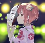  1girl aqua_eyes backlighting blurry blurry_background commentary english_commentary floral_print flower fox_mask from_side hair_flower hair_ornament holding holding_mask japanese_clothes kimono kurosawa_ruby long_sleeves looking_at_viewer looking_to_the_side love_live! love_live!_sunshine!! mask parted_lips print_kimono profile redhead ru_yue_kong short_hair sidelocks sideways_glance solo upper_body white_flower white_kimono 