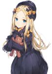  1girl abigail_williams_(fate/grand_order) absurdres bangs black_bow black_dress black_hat blonde_hair blue_eyes blush bow bug butterfly closed_mouth commentary_request dress eyebrows_visible_through_hair fate/grand_order fate_(series) forehead hair_bow hat highres insect long_hair long_sleeves looking_at_viewer object_hug orange_bow parted_bangs polka_dot polka_dot_bow revision rikoma simple_background sleeves_past_fingers sleeves_past_wrists solo stuffed_animal stuffed_toy teddy_bear very_long_hair white_background 