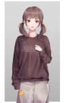  1girl :| black_shirt brown_eyes brown_hair closed_mouth grey_background hair_bobbles hair_ornament highres leaf long_sleeves looking_at_viewer medium_hair original shirt short_twintails solo soyubee twintails twitter_username 