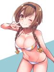  1girl bikini black_headband blush braid breasts brown_hair cleavage collarbone hair_ornament headband kantai_collection konnyaku_(kk-monmon) large_breasts looking_at_viewer navel one_eye_closed propeller_hair_ornament skindentation smile solo swimsuit teruzuki_(kantai_collection) twin_braids two-tone_background v white_bikini 