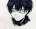  1boy :| closed_mouth commentary_request eguchi_saan glasses greyscale highres looking_at_viewer male_focus monochrome original paper_(medium) pen_(medium) simple_background solo white_background 