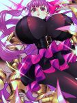  1girl breasts fate/extra fate/extra_ccc fate_(series) from_below gigantic_breasts gleam hair_ribbon long_hair looking_at_viewer momomogeta parted_lips passion_lip pink_eyes purple_hair purple_ribbon revealing_clothes ribbon skirt solo very_long_hair 