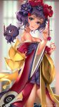  1girl blurry blurry_background breasts calligraphy_brush fate/grand_order fate_(series) hair_ornament holding holding_paintbrush japanese_clothes katsushika_hokusai_(fate/grand_order) kimono looking_at_viewer medium_breasts octopus off_shoulder open_mouth paintbrush profile purple_hair short_hair solo standing tattoo viola_(seed) violet_eyes 