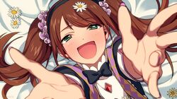  1boy :d bangs bed_sheet black_bow black_neckwear blush bow bowtie brown_hair daisy eyebrows_visible_through_hair fingernails flower green_eyes idolmaster idolmaster_side-m long_hair looking_at_viewer mizushima_saki nail_polish open_mouth outstretched_arms pink_nails sayshownen smile solo swept_bangs trap twintails white_flower 