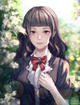  1girl bangs black_hair blue_eyes blunt_bangs blurry blurry_background bow dated day earrings flower hand_up highres jewelry lens_flare long_hair looking_at_viewer original outdoors red_bow smile soyubee twitter_username upper_body 