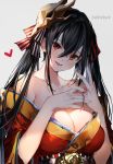  1girl absurdres azur_lane bangs bare_shoulders black_hair blush breasts cleavage collarbone commentary_request dated dress eyebrows_visible_through_hair grey_background hair_between_eyes hair_ornament hair_ribbon head_tilt heart highres japanese_clothes large_breasts long_hair looking_at_viewer parted_lips red_dress red_eyes red_string ribbon simple_background smile solo string taihou_(azur_lane) tied_hair twintails umibouzu_(niito) wide_sleeves 