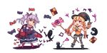  2girls black_cat black_skirt blonde_hair blue_dress braid candy cat checkered_cookie chibi dress food ghost grey_legwear halloween hat lowres maurette_(sennen_sensou_aigis) multiple_girls pixel_art purple_hair red_legwear rino_(sennen_sensou_aigis) sennen_sensou_aigis skirt standing twin_braids twintails wand witch_hat 