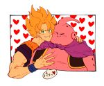  2boys antennae arm_around_shoulder blonde_hair blush cape cheek-to-cheek closed_eyes dragon_ball dragonball_z fingernails green_eyes grin heart heart_background looking_at_viewer majin_buu male_focus multiple_boys onkywi outside_border purple_cape short_hair simple_background smile son_gokuu speech_bubble spiky_hair super_saiyan translated white_background wristband 