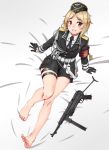  1girl armband barefoot belt blonde_hair brown_eyes commentary_request feet garrison_cap girls_frontline gloves gun hat highres kirochef korean_commentary legs military military_uniform mp40 mp40_(girls_frontline) necktie short_hair smile solo submachine_gun uniform weapon 