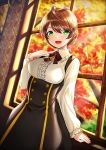  1girl :d against_window ahegao arm_at_side autumn bangs black_skirt blush bound bound_wrists braid breasts brown_hair center_frills commentary_request cowboy_shot day eyebrows_visible_through_hair frilled_shirt_collar frilled_sleeves frills green_eyes hand_on_own_chest hand_up high-waist_skirt idolmaster idolmaster_million_live! indoors jewelry kyon_(fuuran) long_sleeves looking_at_viewer medium_breasts neck_ribbon necklace open_mouth pendant red_neckwear red_ribbon ribbon sakuramori_kaori shirt short_hair skirt smile solo suspender_skirt suspenders swept_bangs treble_clef white_shirt window 