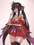  1girl ahoge azur_lane bangs bare_shoulders black_hair black_legwear blurry breasts cleavage collarbone commentary_request cowboy_shot depth_of_field dress elbow_on_arm eyebrows_visible_through_hair feather-trimmed_sleeves feather_trim feathers gluteal_fold hair_between_eyes hair_ornament hair_ribbon hand_up highres huge_breasts japanese_clothes kimono kz_(kazuma-rising) long_hair looking_at_viewer mask mask_on_head obi off_shoulder partial_commentary pleated_dress red_dress red_eyes ribbon saliva saliva_trail sash seductive_smile shiny shiny_skin short_dress sidelocks smile solo standing taihou_(azur_lane) teeth thigh-highs tongue tongue_out tsurime upper_teeth very_long_hair wide_sleeves 