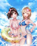  2girls ;d allison_(summer_lesson) antweiyi ball beachball bikini blue_bikini blue_sky brown_eyes clouds day floral_print flower frilled_bikini frills hair_flower hair_ornament hairband holding_beachball innertube medium_hair miyamoto_hikari multiple_girls navel one_eye_closed open_mouth outdoors pink_bikini pink_hairband pursed_lips see-through sky smile standing summer_lesson swimsuit wading water wet 