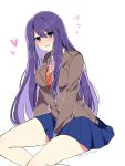  1girl :d artist_name between_legs blue_skirt blush commentary doki_doki_literature_club english_commentary eyebrows_visible_through_hair eyes_visible_through_hair hair_between_eyes hand_between_legs heart highres jacket long_hair looking_at_viewer no_hairclip open_mouth outline pleated_skirt purple_hair savi_(byakushimc) school_uniform simple_background sitting skirt smile solo very_long_hair violet_eyes white_background white_outline yuri_(doki_doki_literature_club) 