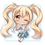  1girl bangs blonde_hair blue_bow blue_skirt blush bow brown_footwear cardigan cardigan_around_waist chibi clothes_around_waist collarbone collared_shirt commentary_request eyebrows_visible_through_hair full_body green_cardigan grin hair_between_eyes hand_to_own_mouth hand_up head_tilt kneehighs long_hair long_sleeves one_eye_closed plaid plaid_skirt pleated_skirt shachoo. shadow shirt sidelocks skirt smile solo sunohara_nana sunoharasou_no_kanrinin-san tan twintails very_long_hair white_background white_legwear white_shirt 