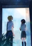  1boy 1girl bag bangs black_hair black_legwear blonde_hair boku_no_hero_academia highres hoshimori jirou_kyouka kaminari_denki kneehighs looking_at_another rain school_uniform short_hair short_sleeves skirt u.a._school_uniform wet 