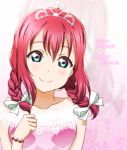  1girl alternate_hairstyle anibache aqua_eyes bangs bracelet braid character_name clenched_hand collarbone commentary_request dated hair_ribbon hand_on_own_chest happy_birthday jewelry kurosawa_ruby lace looking_at_viewer love_live! love_live!_sunshine!! medium_hair redhead ribbon smile solo tiara twin_braids upper_body white_ribbon zoom_layer 