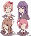  4girls absurdres artist_name blue_eyes bow brown_hair collared_shirt commentary commission doki_doki_literature_club english_commentary eyebrows_visible_through_hair eyes_visible_through_hair green_eyes grey_jacket hair_bow hair_ornament hair_ribbon hairclip highres huge_filesize jacket liya_nikorov looking_at_viewer monika_(doki_doki_literature_club) multiple_girls natsuki_(doki_doki_literature_club) one_side_up parted_lips pink_eyes pink_hair ponytail purple_hair red_bow ribbon sayori_(doki_doki_literature_club) school_uniform shirt simple_background smile twitter_username violet_eyes white_background white_ribbon white_shirt yuri_(doki_doki_literature_club) 