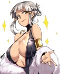  1girl absurdres armlet bangs braid breasts dress fate/grand_order fate_(series) french_braid fur highres jewelry kisaragi_(legobionicle23) large_breasts nail_polish necklace no_bra penthesilea_(fate/grand_order) sidelocks silver_hair upper_body 