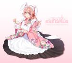  1girl animal_ears apron bangs blush closed_mouth cup eyebrows_visible_through_hair fake_animal_ears floral_print flower frills full_body gradient gradient_background highres japanese_clothes logo long_hair long_skirt long_sleeves looking_at_viewer maid maid_headdress official_art pink_background pink_hair rabbit_ears shimashima08123 shiny shiny_hair simple_background sitting skirt solo tea teacup teapot tokyo_exe_girls violet_eyes wide_sleeves 
