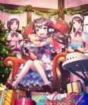  3girls :d bangs blue_eyes bow box breasts brown_eyes brown_hair cake candle capelet chair christmas_tree dress esukee food gift gift_wrapping hair_bow hair_ornament holding holding_stuffed_animal indoors long_hair looking_at_viewer maid medium_breasts multiple_girls official_art open_mouth parted_bangs red_bow red_capelet red_footwear sengoku_saga sitting smile socks standing stuffed_animal stuffed_toy table teddy_bear watermark white_legwear 