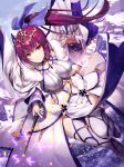  1girl bangs boots breasts commentary_request dress fate/grand_order fate_(series) fur_trim gabiran hair_between_eyes jewelry large_breasts long_hair looking_at_viewer purple_dress purple_footwear purple_hair red_eyes runes scathach_(fate)_(all) scathach_skadi_(fate/grand_order) smile solo thigh-highs thigh_boots tiara wand 