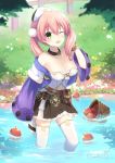  1girl ;d artist_name atelier_(series) atelier_escha_&amp;_logy bangle basket binato_lulu blurry bracelet breasts cleavage collarbone day depth_of_field escha_malier eyebrows_visible_through_hair fence flower grass green_eyes hair_between_eyes hat jewelry long_hair looking_at_viewer low_twintails medium_breasts off_shoulder one_eye_closed open_mouth outdoors pink_hair skirt sleeves_past_wrists smile solo tail thigh-highs twintails wading water white_hat white_legwear wooden_fence 