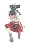  1girl black_hair covering_head high_ponytail houshou_(kantai_collection) japanese_clothes kantai_collection kneehighs matsutani open_mouth sash simple_background solo standing white_background white_legwear 