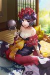  1girl antweiyi bangs bare_shoulders black_hair black_kimono blue_eyes blush breasts cleavage fate/grand_order fate_(series) fine_art_parody flower hair_flower hair_ornament indoors japanese_clothes kanagawa_okinami_ura katsushika_hokusai_(fate/grand_order) kimono looking_at_viewer medium_breasts octopus paintbrush parody sash shadow short_hair sitting sliding_doors solo tokitarou_(fate/grand_order) 