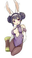  1girl animal_ear_fluff animal_ears azur_lane bangs bare_shoulders breasts breasts_apart brown_legwear center_opening collarbone double_bun eyebrows_visible_through_hair fur-trimmed_jacket fur_trim goekawa groin hairband hammer head_tilt jacket kemonomimi_mode large_breasts leotard looking_at_viewer ning_hai_(azur_lane) off_shoulder open_mouth pantyhose purple_hair purple_leotard rabbit_ears side_bun sidelocks simple_background solo v-shaped_eyebrows violet_eyes white_background white_hairband white_jacket 