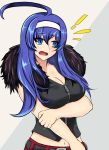  ! /\/\/\ 1girl ahoge bangs belt blue_eyes blue_hair blush breasts carmine carmine_(cosplay) cleavage commentary commentary_request cosplay fur_collar hair_between_eyes hairband highres holding_arm huge_ahoge kitkatfox87 large_breasts long_hair midriff navel orie_(under_night_in-birth) solo under_night_in-birth white_hairband zipper 