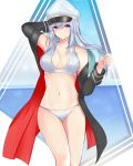  1girl absurdres azur_lane bangs beach bikini black_coat breasts closed_mouth coat commentary_request cowboy_shot day enterprise_(azur_lane) eyebrows_visible_through_hair hair_between_eyes harmhaunters hat highres large_breasts long_hair looking_at_viewer ocean open_clothes open_coat peaked_cap silver_hair sleeveless smile solo swimsuit thighs violet_eyes white_hat 