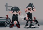  2boys black_footwear clothes_pin ear_tag expressionless full_body grey_background grey_eyes grey_hair holding holding_weapon inkling looking_at_viewer multiple_boys nintendo octoling pointy_ears shoes short_hair simple_background sitting sneakers splat_dualies_(splatoon) splat_roller_(splatoon) splatoon splatoon_2 standing tarai_(silica5) thick_eyebrows weapon 