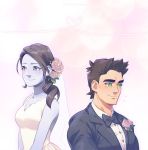  1boy 1girl black_hair blue_eyes boxing_gloves dress formal grey_eyes little_mac long_hair nintendo pockypalooza ponytail punch-out!! smile suit super_smash_bros. super_smash_bros_ultimate wedding_dress white_skin wii_fit wii_fit_trainer 