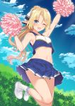  1girl ;d armpits arms_up bangs bare_shoulders blonde_hair blue_eyes blue_skirt blue_sky bow breasts cheerleader clouds commentary_request crop_top day elf eyebrows_visible_through_hair from_below hair_bow highres iris_(takunomi) jumping kneehighs long_hair looking_at_viewer miniskirt navel one_eye_closed open_mouth original outdoors pleated_skirt pointy_ears pom_poms shiny shiny_hair shoes sideboob skirt sky sleeveless small_breasts smile sneakers solo stomach swept_bangs takunomi white_bow white_footwear white_legwear 