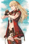  1girl bandeau belt blonde_hair blue_eyes blue_sky boots cowboy_shot earrings final_fantasy final_fantasy_xiv fingerless_gloves fist_in_hand gloves hair_ornament highres jewelry leg_armor long_hair looking_at_viewer lyse_hext makimura_shunsuke midriff navel pendant short_shorts shorts sky sleeveless smile solo standing strapless thigh-highs thigh_boots 