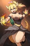  1girl :d bare_shoulders blonde_hair blue_eyes bowser bracelet breasts brooch burning_hand claws collar commentary crown english_commentary eyebrows_visible_through_hair eyes_visible_through_hair fangs genderswap genderswap_(mtf) hair_between_eyes horns jewelry large_breasts long_hair super_mario_bros. maritan_(pixelmaritan) monster_girl nintendo open_mouth ponytail smile solo spiked_armlet spiked_bracelet spiked_collar spiked_tail spikes tail teeth turtle_shell v-shaped_eyebrows 