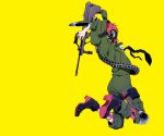  1boy animal_hood ankle_boots arms_up assault_rifle asymmetrical_clothes bandaid bandolier belga_(senjuushi) boots bullpup bunny_hood full_body gas_mask gun high_heel_boots high_heels holding holding_gun holding_weapon hood hood_up jewelry jumping jumpsuit male_focus necktie pika_(tako) pink_hair rifle ring senjuushi:_the_thousand_noble_musketeers short_hair solo spiked_boots steyr_aug weapon 