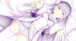  absurdres bed begging dress emilia_(re:zero) hair_ornament hairpin highres lying open_hand pillow re:zero_kara_hajimeru_isekai_seikatsu silver_hair thighs violet_eyes youngdeer 