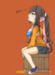  1girl black_hair box commentary_request crate denim denim_shorts full_body highres jacket kantai_collection long_hair looking_up macbail multicolored_hair naganami_(kancolle) official_alternate_costume orange_background orange_jacket pink_hair ponytail shirt shorts sitting solo thick_eyebrows white_shirt yellow_eyes 