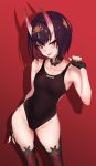  1girl bangs black_gloves black_legwear black_swimsuit blush bob_cut breasts collarbone commentary_request competition_swimsuit covered_navel detached_collar eyeliner fang fate/grand_order fate_(series) fingerless_gloves gloves gradient gradient_background headpiece highleg highleg_swimsuit highres hips looking_at_viewer makeup nail_polish one-piece_swimsuit oni_horns open_mouth pink_nails purple_hair red_background shadow short_eyebrows short_hair shuten_douji_(fate/grand_order) small_breasts smile solo strap_pull swimsuit thighs tongue tongue_out ulrich_(tagaragakuin) violet_eyes waist 