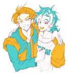  2boys :d arm_around_shoulder blush dragon_ball dragonball_z eyelashes fingernails grin happy jacket long_sleeves looking_at_viewer male_focus multiple_boys onkywi open_mouth shirt short_hair simple_background smile son_goten thumbs_up trunks_(dragon_ball) upper_body white_background 