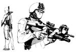  1boy 1girl assault_rifle greyscale gun helmet military military_uniform monochrome original rifle robot sketch takahashi_umori uniform weapon 