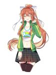  1girl :d ^_^ black_legwear black_skirt brown_hair closed_eyes closed_eyes clothes_writing collarbone commentary crop_top cropped_legs doki_doki_literature_club english_commentary eyebrows_visible_through_hair facing_viewer green_jacket hair_between_eyes hair_ribbon hand_up highres jacket long_hair midriff monika_(doki_doki_literature_club) navel open_mouth outline plaid plaid_skirt pleated_skirt ponytail ribbon savi_(byakushimc) simple_background skirt smile solo thigh-highs unmoving_pattern very_long_hair white_background white_outline white_ribbon zettai_ryouiki 