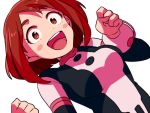  1girl :d blush_stickers bodysuit boku_no_hero_academia breasts brown_eyes brown_hair eyebrows_visible_through_hair long_sleeves looking_at_viewer medium_breasts open_mouth round_teeth sayshownen short_hair simple_background smile solo teeth upper_body uraraka_ochako white_background 