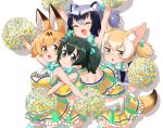  4girls alternate_costume alternate_hairstyle animal_ear_fluff animal_ears bare_shoulders black_hair blonde_hair blue_eyes bow bowtie cheerleader closed_eyes commentary_request common_raccoon_(kemono_friends) crop_top eyebrows_visible_through_hair fennec_(kemono_friends) fox_ears fox_tail frilled_skirt frills grey_hair highres inaba31415 kaban_(kemono_friends) kemono_friends matching_hairstyle matching_outfit multicolored_hair multiple_girls pleated_skirt pom_poms raccoon_ears raccoon_tail serval_(kemono_friends) serval_ears short_hair short_twintails skirt sleeveless tail thigh-highs twintails yellow_eyes zettai_ryouiki 
