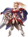  1girl age_progression blonde_hair breasts cape cleavage closed_mouth collarbone commentary_request fate/grand_order fate_(series) full_body green_eyes highres horns large_breasts leotard long_hair looking_at_viewer mordred_(fate) mordred_(fate)_(all) nasaniliu pauldrons ponytail simple_background sword toned weapon white_background 