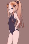  1girl abigail_williams_(fate/grand_order) bangs bare_arms bare_shoulders black_bow black_swimsuit bow breasts brown_background commentary_request coraman covered_navel eyebrows_visible_through_hair fate/grand_order fate_(series) forehead hair_bow hand_on_hip high_ponytail highres light_brown_hair long_hair looking_at_viewer one-piece_swimsuit orange_bow parted_bangs parted_lips polka_dot polka_dot_bow ponytail school_swimsuit sidelocks simple_background small_breasts solo standing swimsuit very_long_hair 