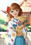  1girl :o antweiyi architecture blue_eyes blue_kimono blurry blurry_background bow brown_hair curly_hair day east_asian_architecture hair_bow happy_new_year holding_dog japanese_clothes kimono medium_hair nengajou new_year open_mouth original outdoors polka_dot red_bow solo upper_body 