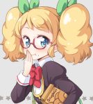  1girl aikatsu! aikatsu!_(series) bag blonde_hair blue_eyes bow chewing doughnut eating food food_on_face glasses grey_background hair_bow hair_ribbon hand_on_own_face looking_at_viewer paper_bag ribbon saegusa_kii simple_background smile solo star tokunou_shoutarou twintails 
