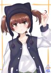  1girl absurdres alisa_(girls_und_panzer) animal_hat artist_name bangs black_hat black_jacket blush brown_eyes brown_hair casual cat_hat closed_mouth cmpede commentary eyebrows_visible_through_hair freckles frown girls_und_panzer hair_grab hat head_tilt highres jacket letterman_jacket long_sleeves looking_at_viewer open_clothes open_jacket shirt short_hair short_twintails solo standing twintails twitter_username upper_body white_shirt 